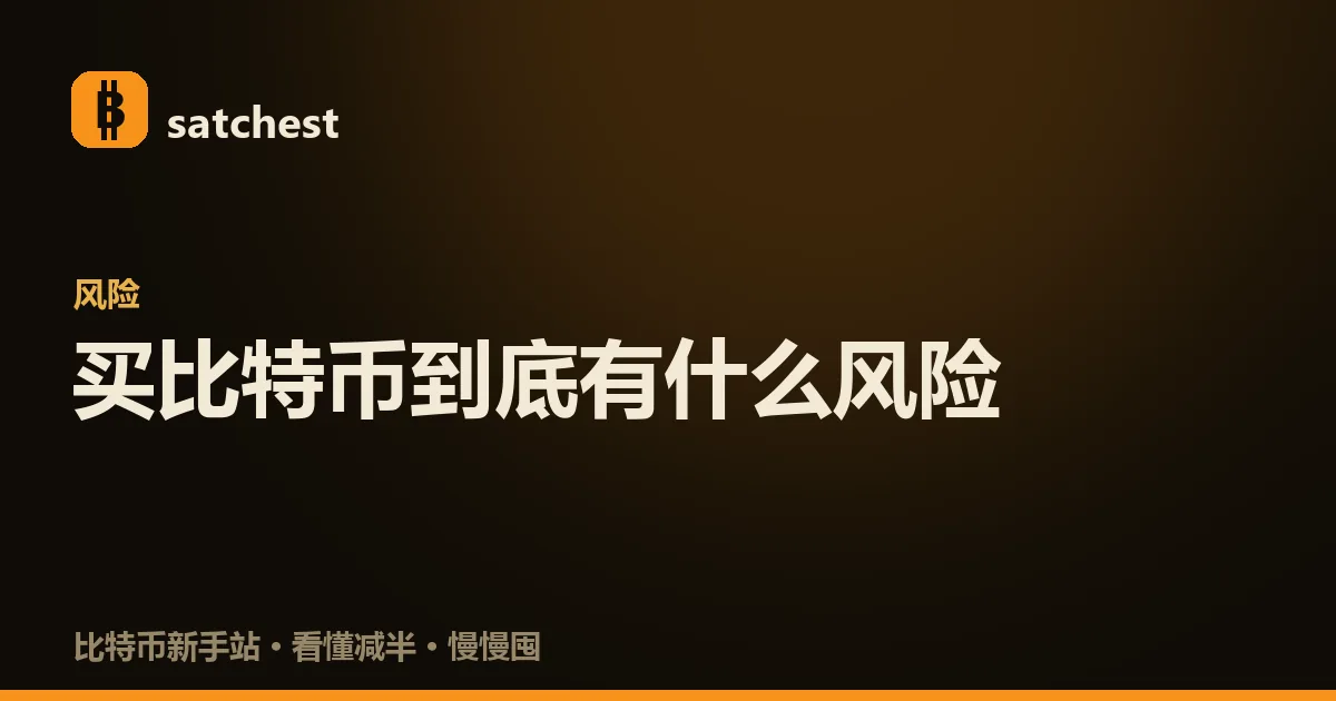 买比特币的六类风险示意:价格波动、出事无兜底、操作失误、骗局、政策合规、自身心态,围绕一枚比特币排开